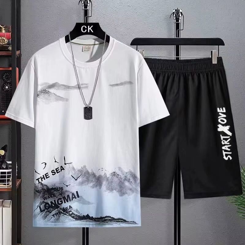 Trendy Suits for Men Men'S Summer Shorts Set Gym Outfit Student Short Sleeve Tee 2 Piece Set Tracksuits Men Casual Men Clothing