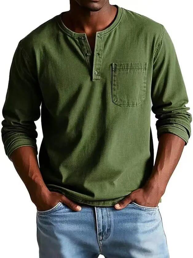 Men's V-neck Long-sleeved Pullover Top with Button Design