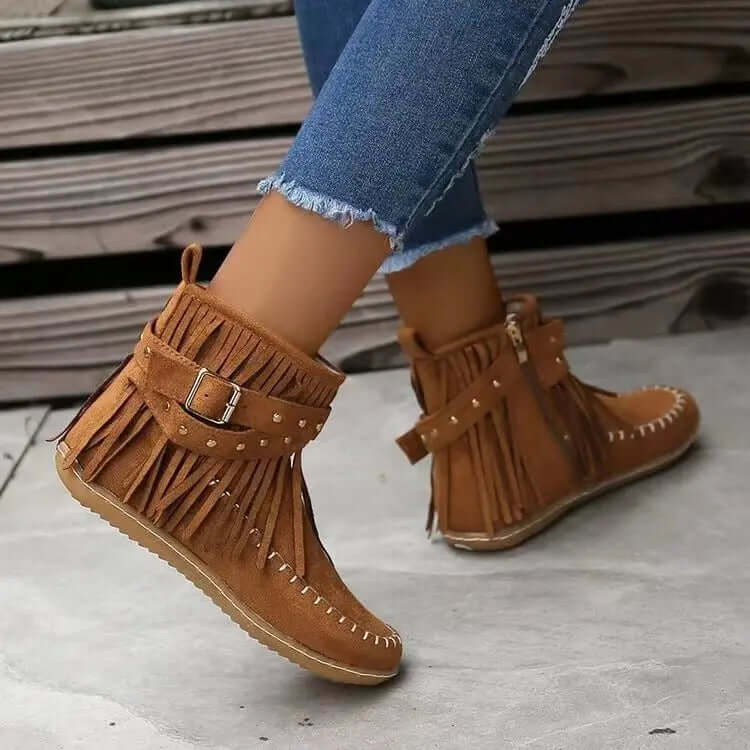 Trendy Women's Winter Ankle Boots with Rivet Tassel Detail