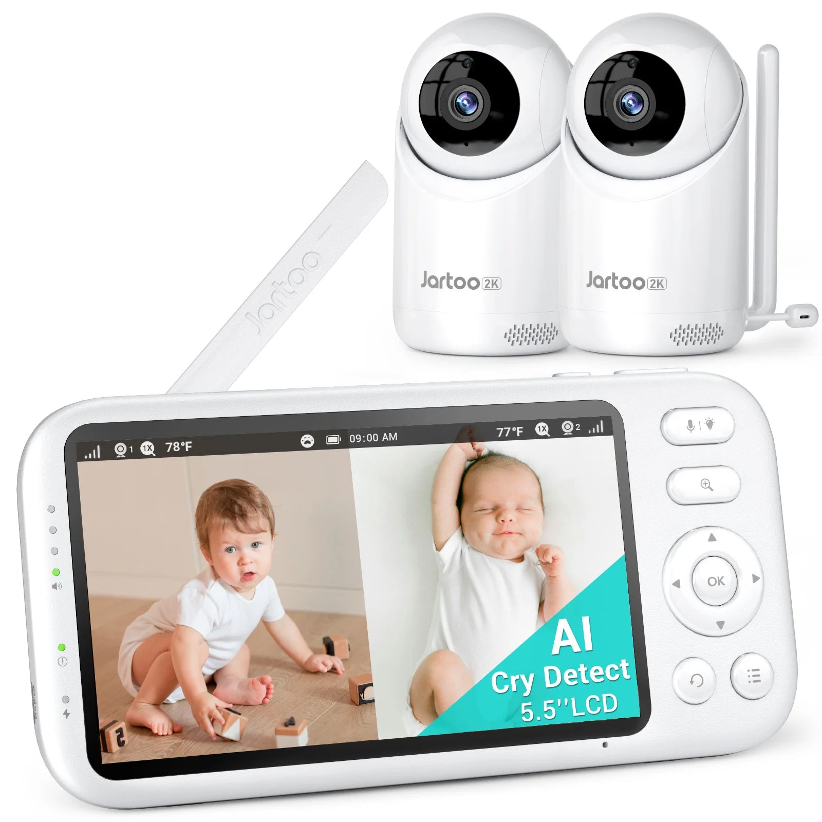 2K Video Baby Monitor, 3000Ft Long Range No Wifi Baby Monitor with 2 Cameras and Audio, 5.5" Split Display, AI Cry Detect, IR Night Vision, 2-Way Audio, 6000Mah