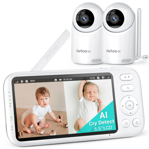 2K Video Baby Monitor, 3000Ft Long Range No Wifi Baby Monitor with 2 Cameras and Audio, 5.5" Split Display, AI Cry Detect, IR Night Vision, 2-Way Audio, 6000Mah