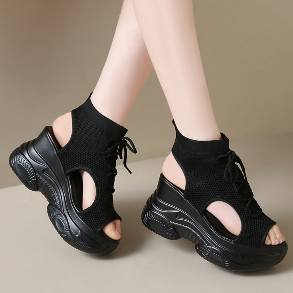 Cutout Mesh Wedge Sandals