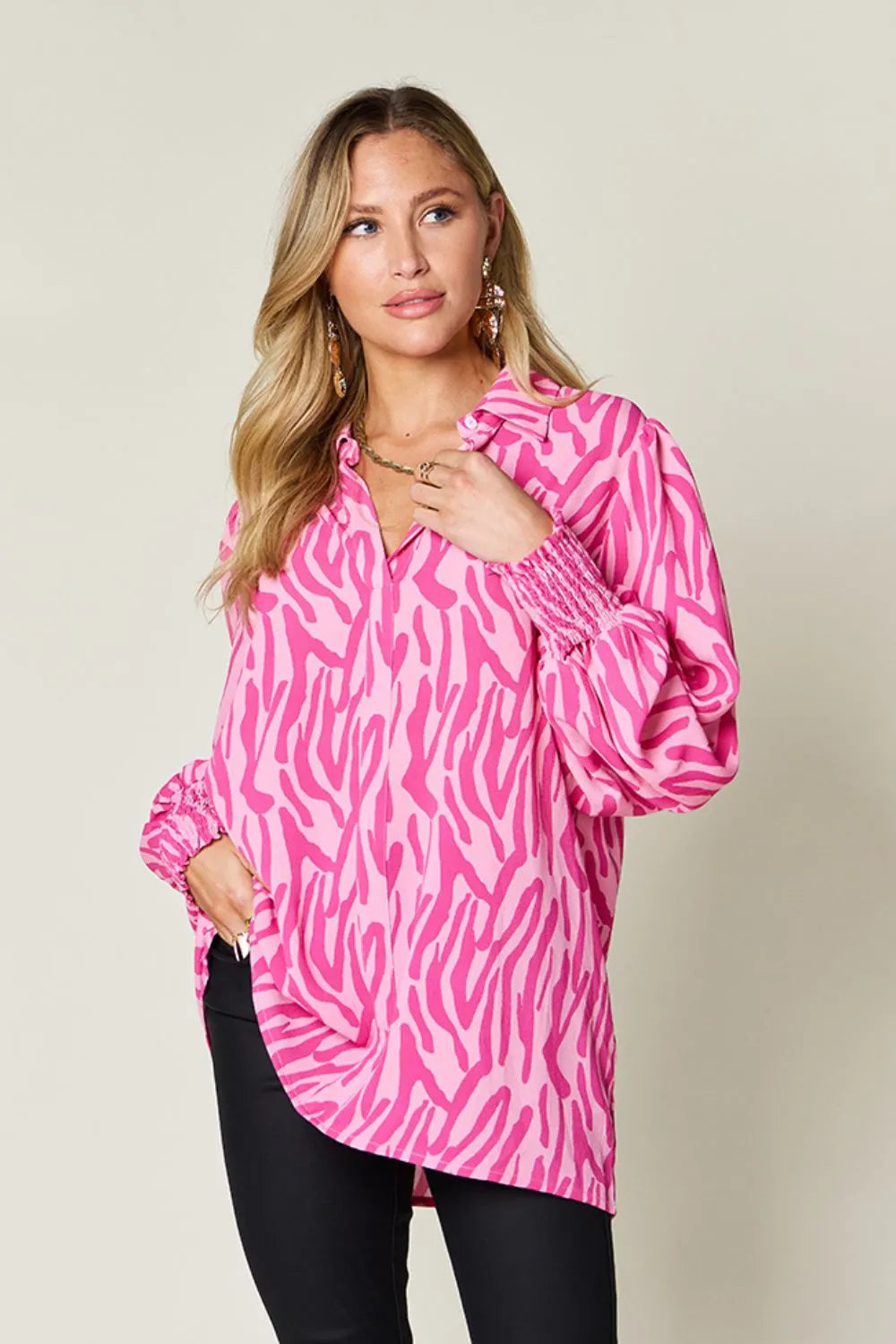 Double Take Full Size Printed Smocked Long Sleeve Blouse Plus Size