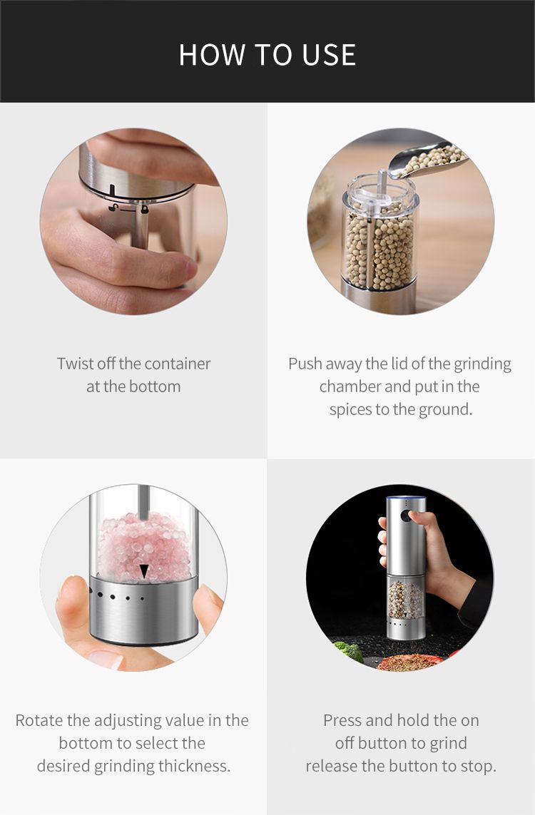 Electric Salt or Pepper Grinder , Stainless Steel with LED Light, Type-C Rechargeable, Ceramic Adjustable Coarseness, 95ml Large Capacity Visible Window, Patented Light Pipe Washable Design for Kitche