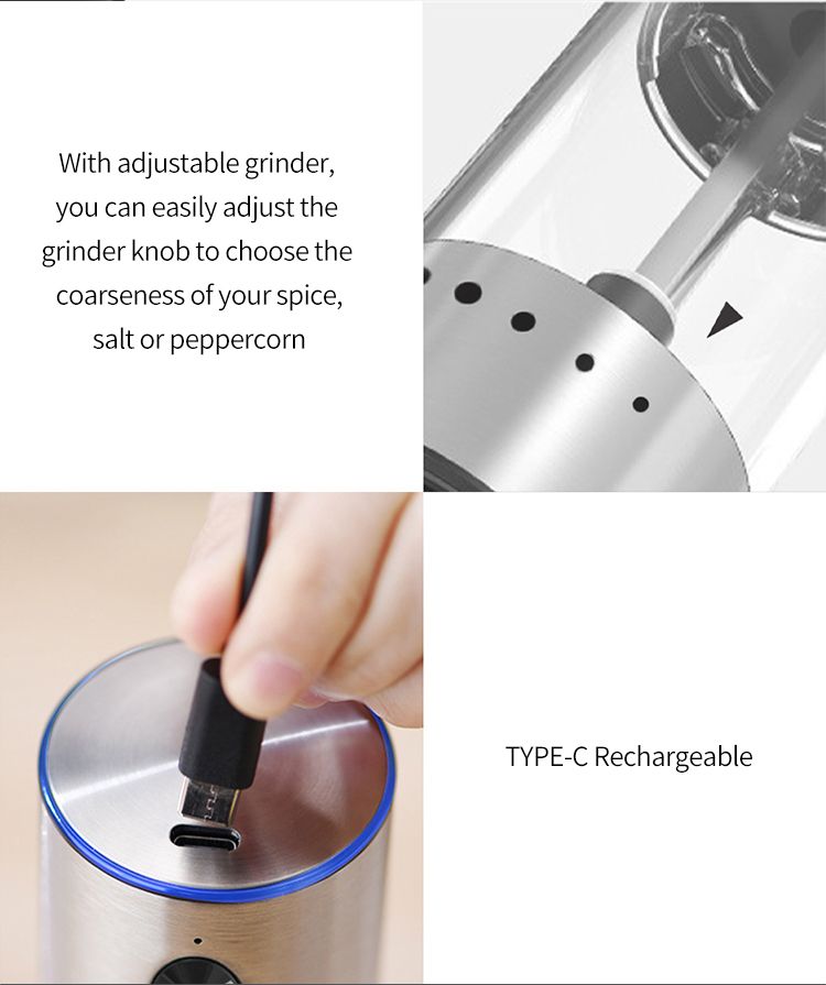 Electric Salt or Pepper Grinder , Stainless Steel with LED Light, Type-C Rechargeable, Ceramic Adjustable Coarseness, 95ml Large Capacity Visible Window, Patented Light Pipe Washable Design for Kitche