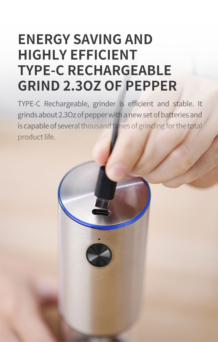 Electric Salt or Pepper Grinder , Stainless Steel with LED Light, Type-C Rechargeable, Ceramic Adjustable Coarseness, 95ml Large Capacity Visible Window, Patented Light Pipe Washable Design for Kitche