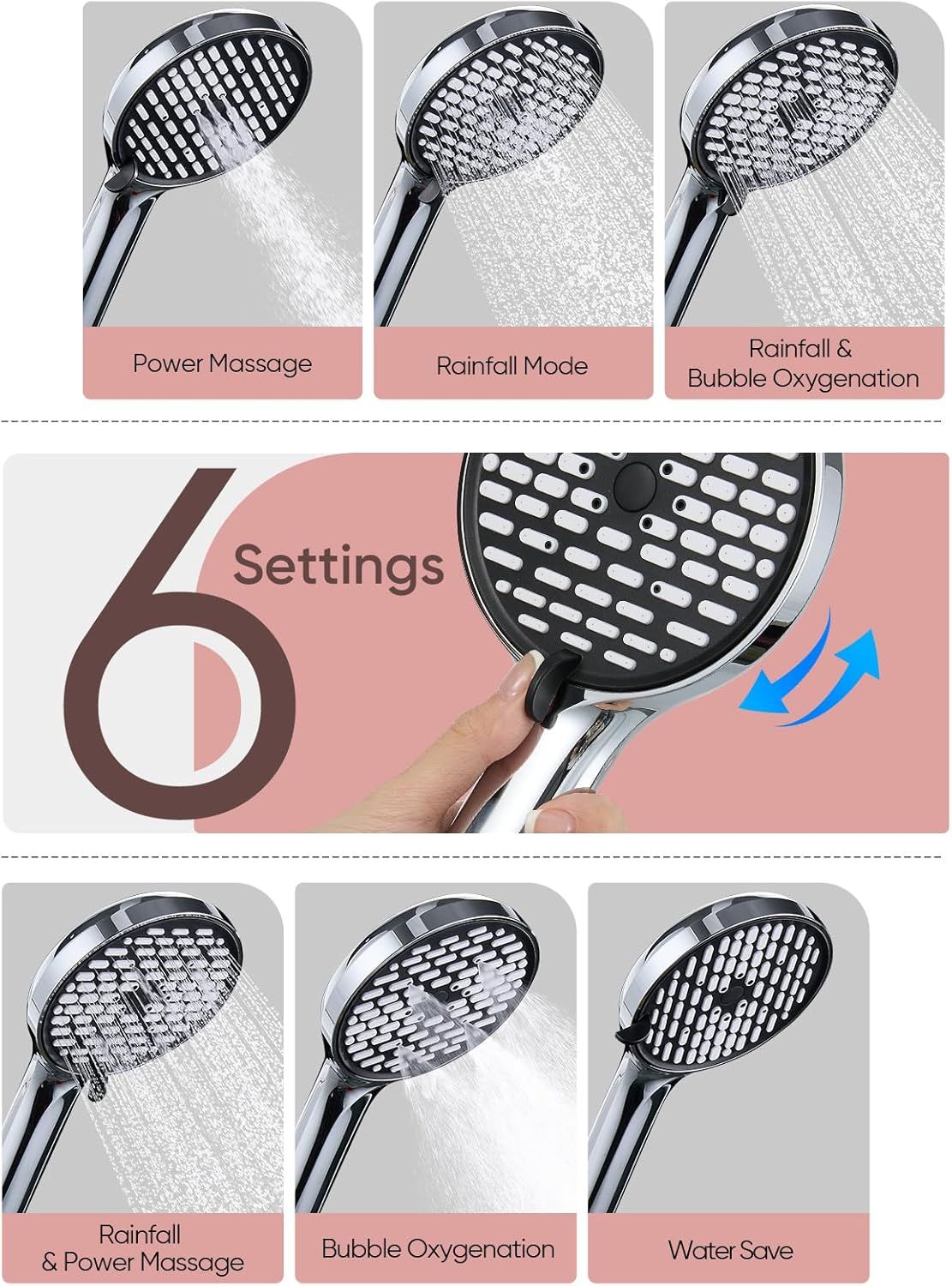 11.8 Inch Rain Shower Head with 6 Modes Handheld Water Spray High Pressure Showerhead Combo with 11 Inch Adjustable Extension Arm