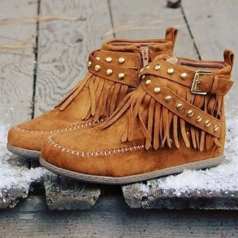 Trendy Women's Winter Ankle Boots with Rivet Tassel Detail